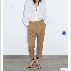 ZARA Camel Tan High-Rise Tapered Ankle Pants Pleated Trouser Size Medium